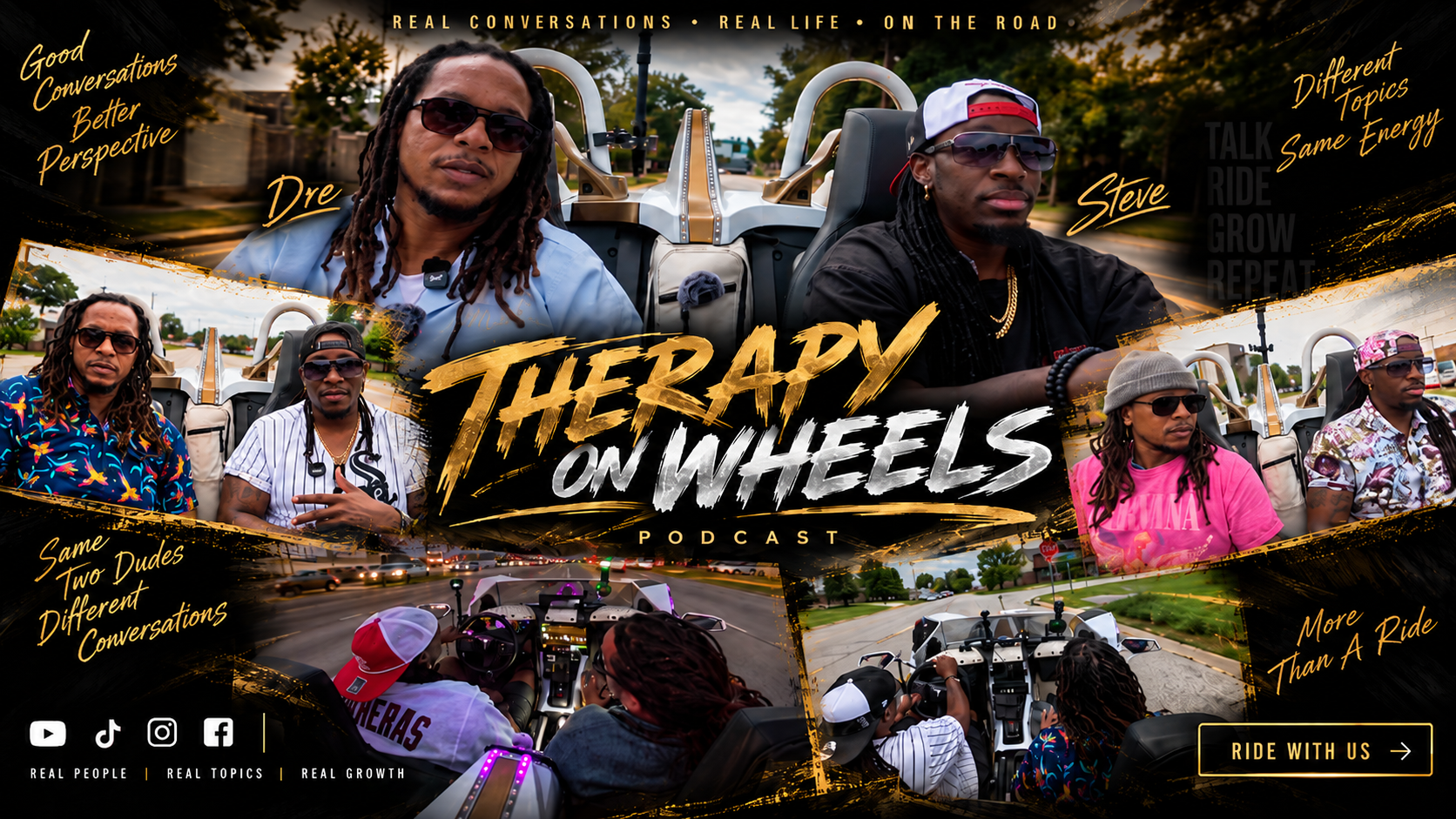 Therapy On Wheels Podcast with Steve and Dre riding in the Polaris Slingshot — Real Conversations, Real Life, On The Road. Ride with us.